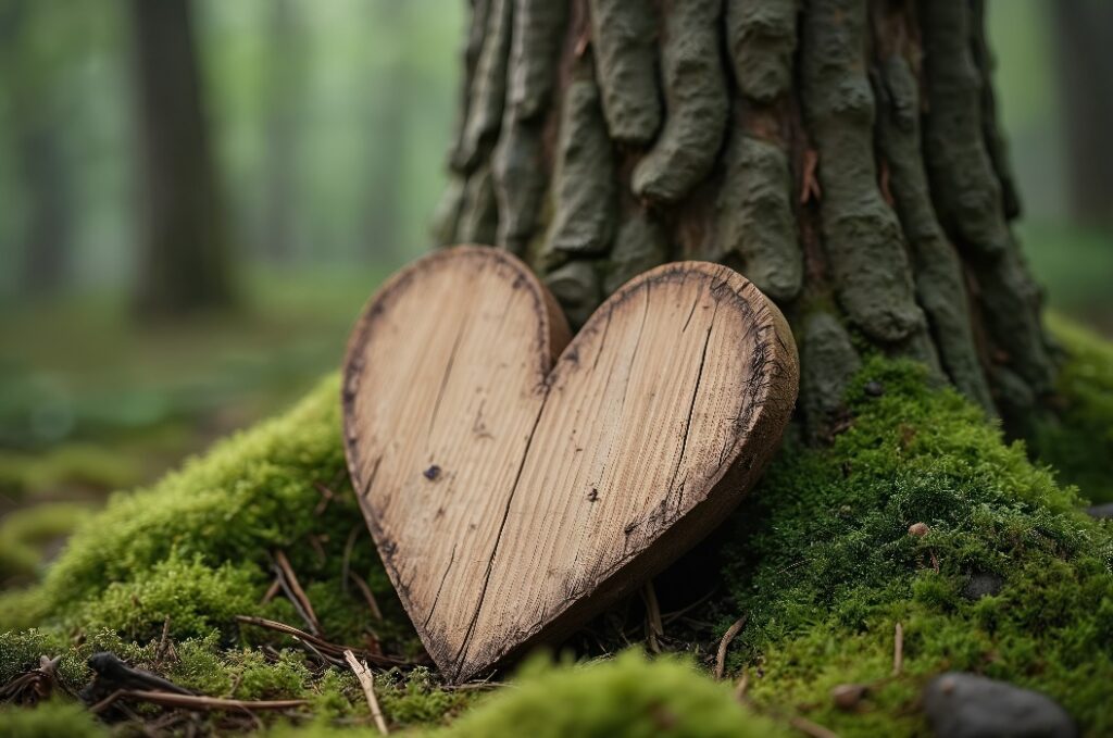 Holzherz ruht neben einem Baumstamm im Wald mit Moos. Das Symbol steht für Liebe, Natur, Erinnerung, Beerdigung und Gedenken. Es steht für Erinnerung, Trauer, Mitgefühl, Hoffnung und Ewigkeit. Romantische Szene im Freien.