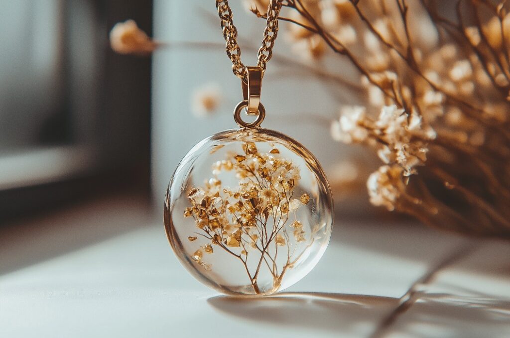 Nahaufnahme der zarten Gold Floral Resin Anhänger Halskette
