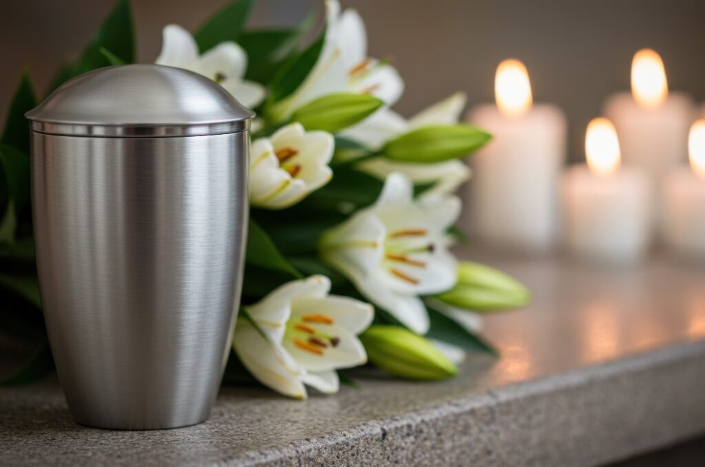 Silberne metallische Bestattungsurne mit Asche, geschmückt mit einem Strauß weißer Lilien auf einer steinernen Tischplatte und Kerzen, die sanft im Hintergrund leuchten, Beerdigungszeremonie, Würdigung der verstorbenen Person