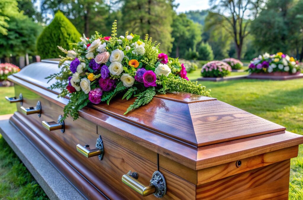 Trauer, Dunkelheit, Bestattungsrituale, letzte Ruhestätte, Holz, Trauer, Ein teilweise geöffneter asymmetrischer Sarg mit Blumenschmuck auf der Oberseite, der für die Beisetzung auf einem Friedhof vorbereitet wird