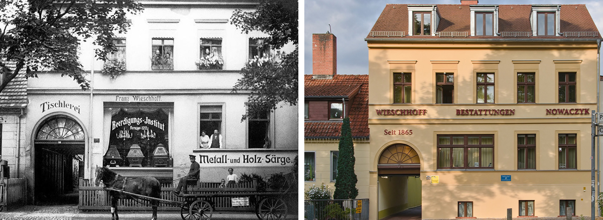 Zwei Häuser mit ähnlicher Fassade im Wandel der Zeit, links in Schwarzweiß mit Pferdekutsche, rechts renoviert und farbig in warmem Gelbton