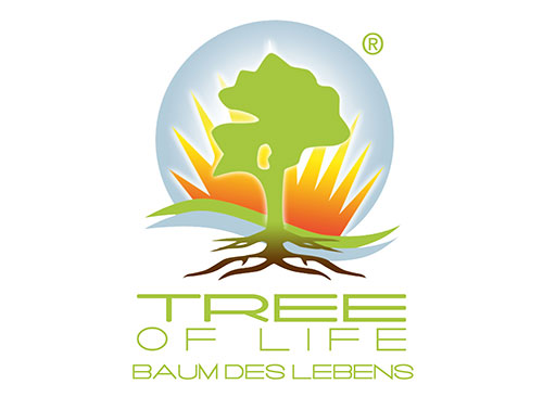 Grüner stilisierter Baum mit braunen Wurzeln vor Sonnenstrahlen und blauem Kreis